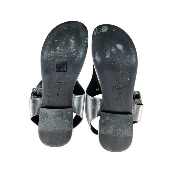 Saint Laurent Ankle Strap Silver Leather Flat Sandals - Picture 9 of 11